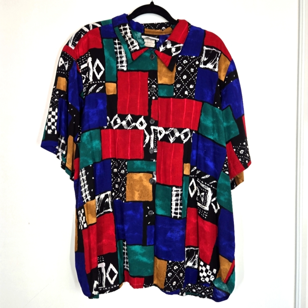 Vintage Caliche' Abstract Retro Cubism Button Down Short Sleeve Blouse sz 44/24R